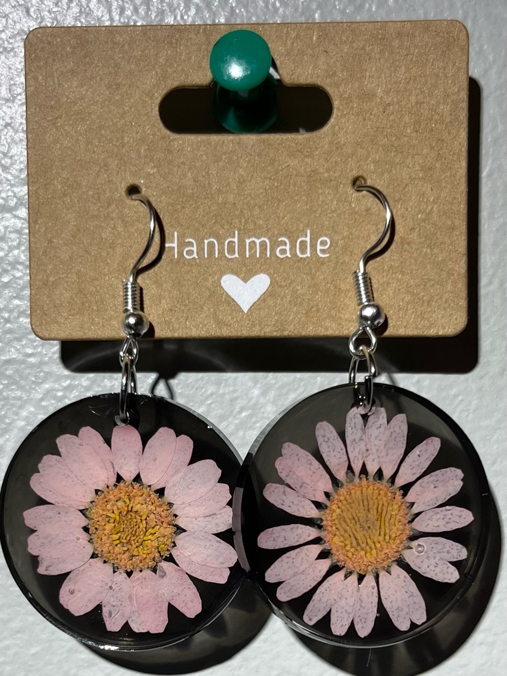 Handmade Pink Daisy Resin Drop Earrings